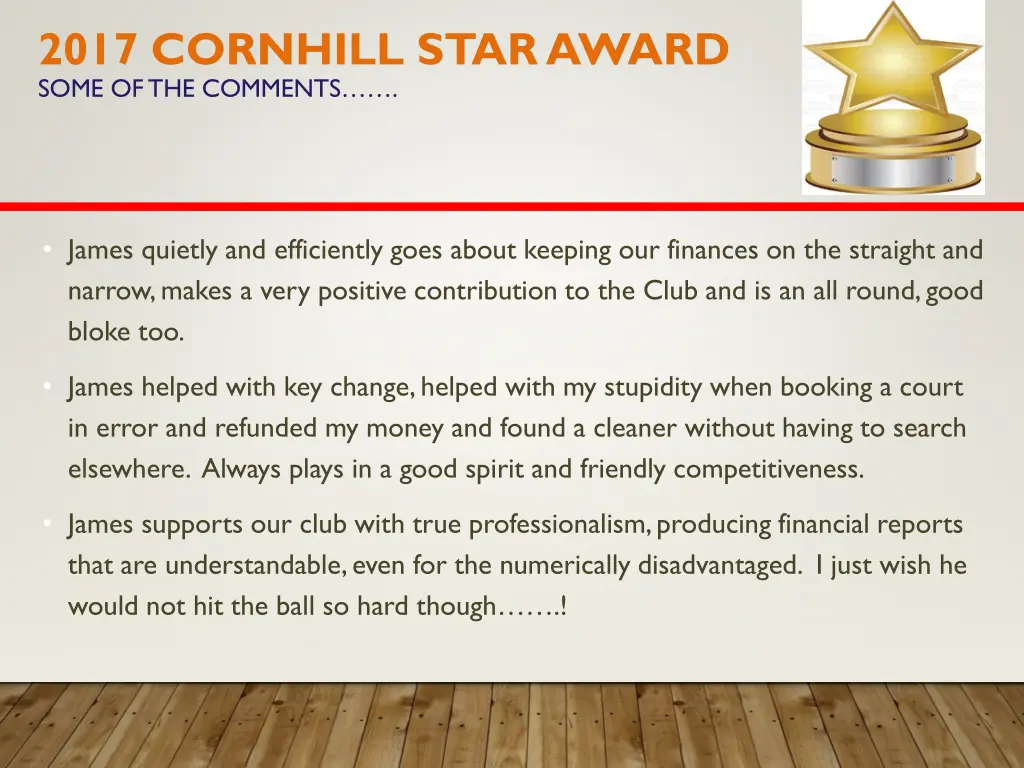 2017 cornhill star award some of the comments