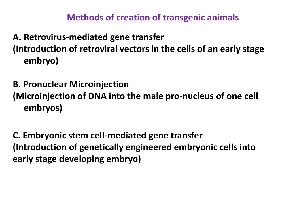 methods of creation of transgenic animals