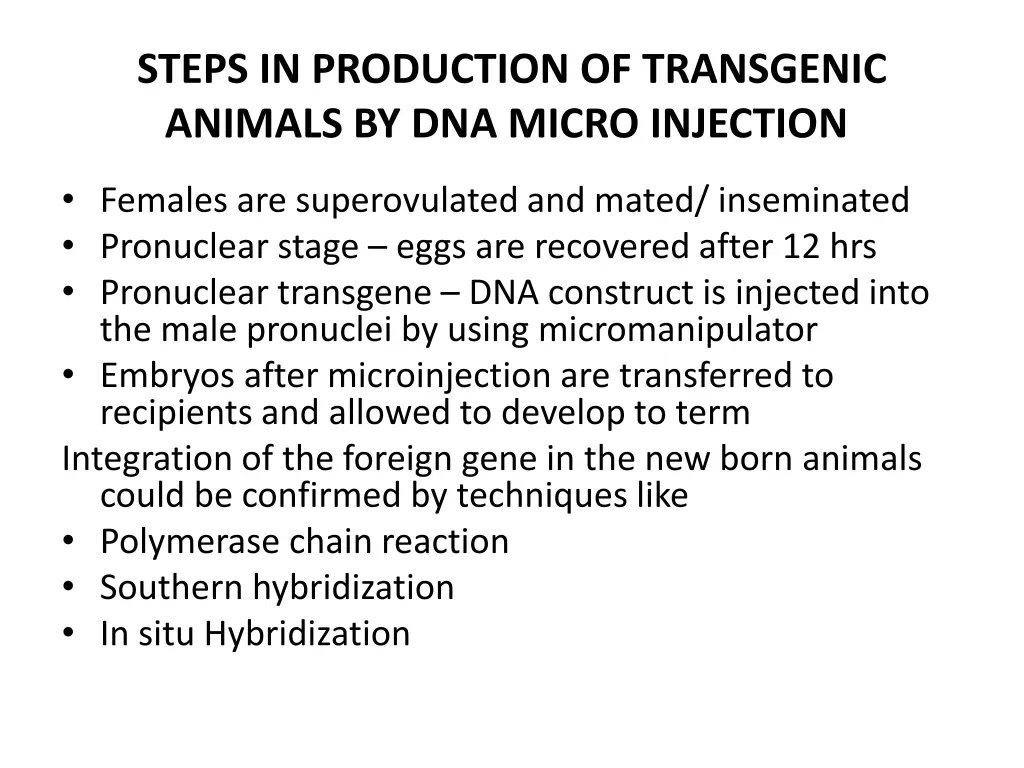 steps in production of transgenic animals