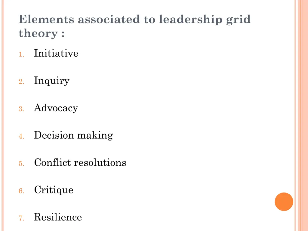 elements associated to leadership grid theory