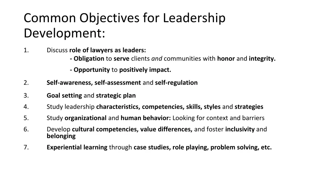 common objectives for leadership development