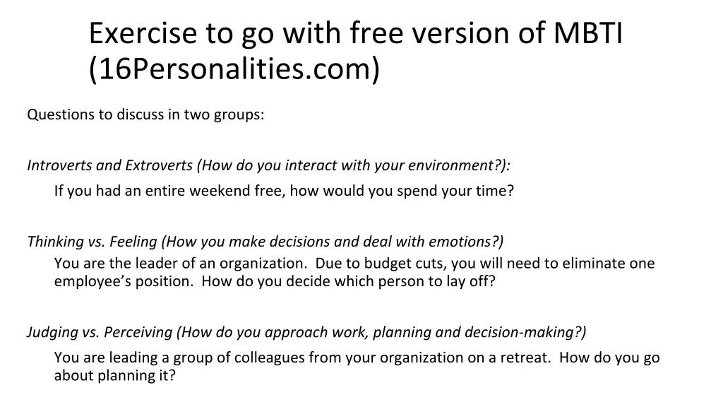 exercise to go with free version of mbti