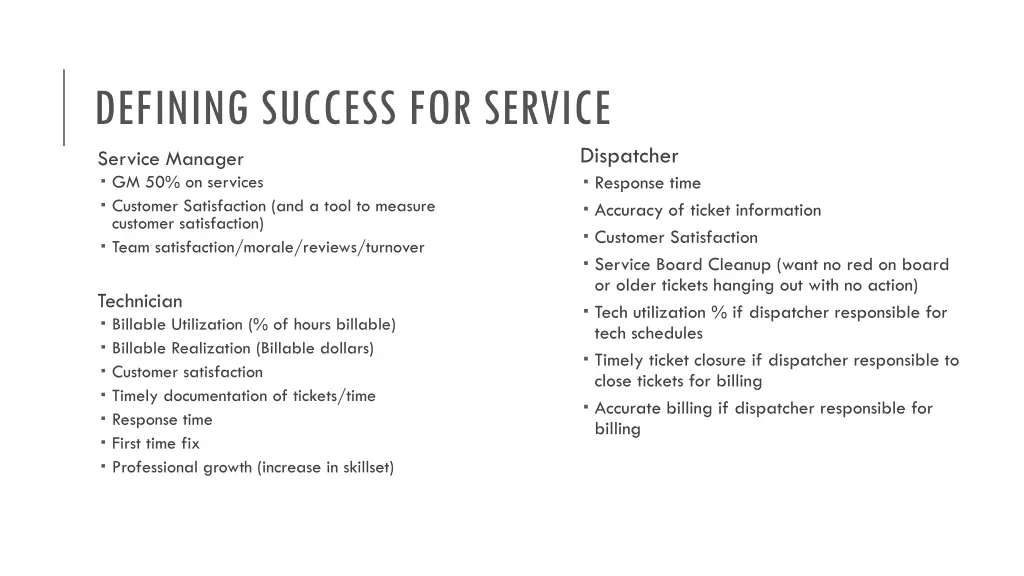 defining success for service service manager