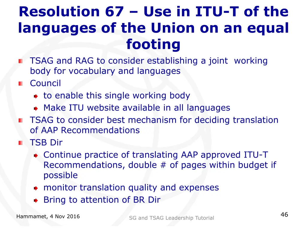 resolution 67 use in itu t of the languages