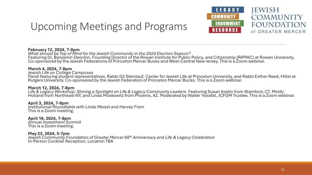 upcoming meetings and programs