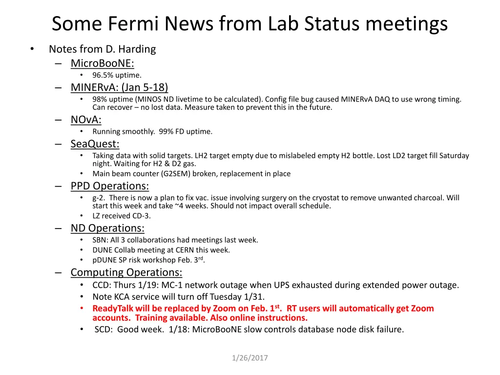 some fermi news from lab status meetings 1