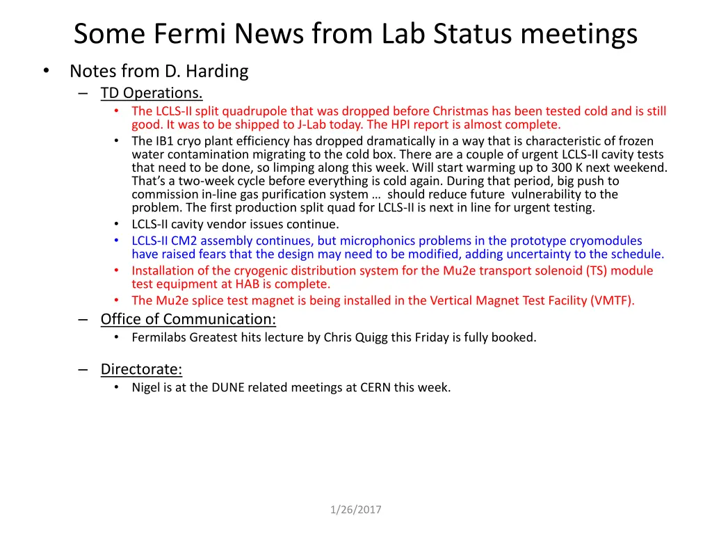 some fermi news from lab status meetings 2