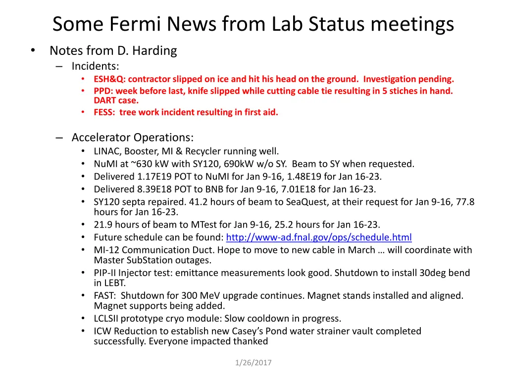 some fermi news from lab status meetings