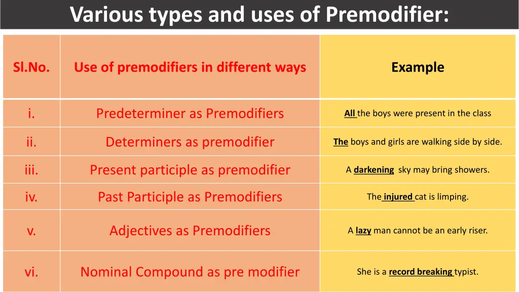 various types and uses of premodifier