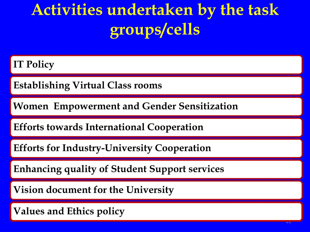 activities undertaken by the task groups cells