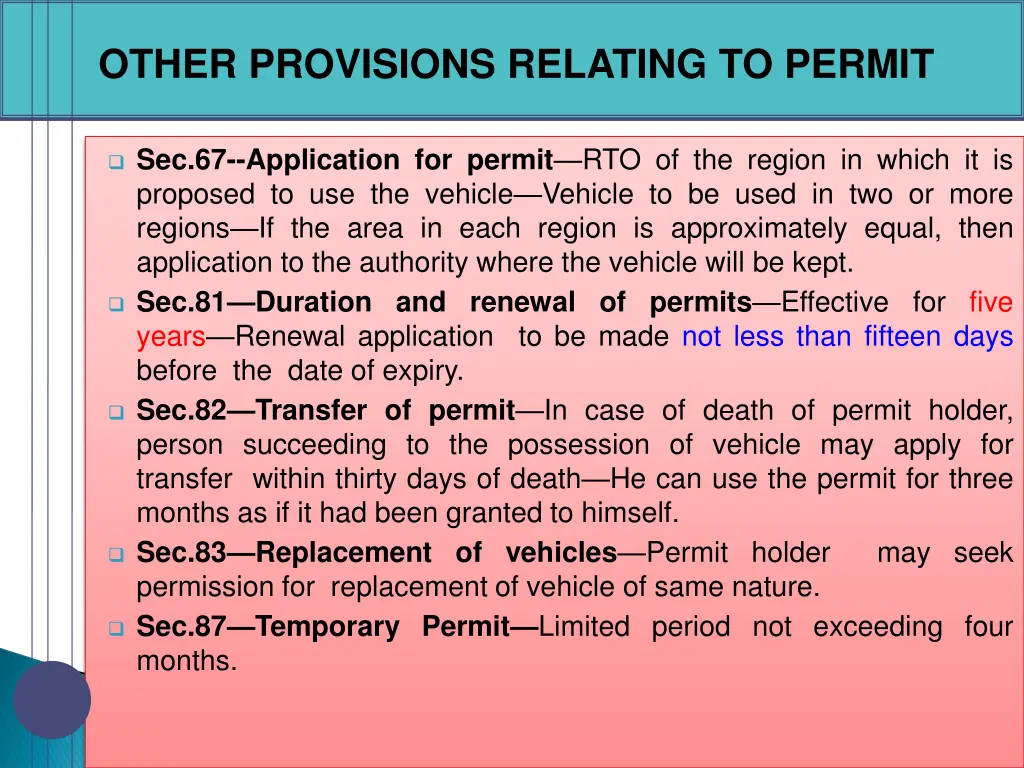 other provisions relating to permit