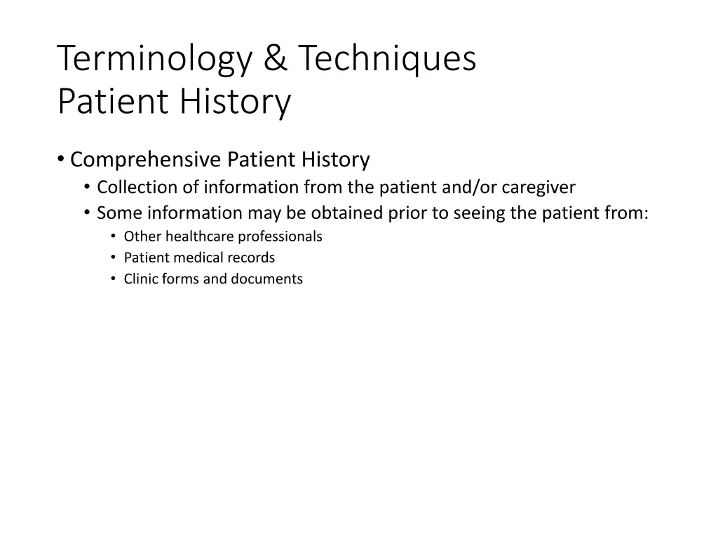 terminology techniques patient history