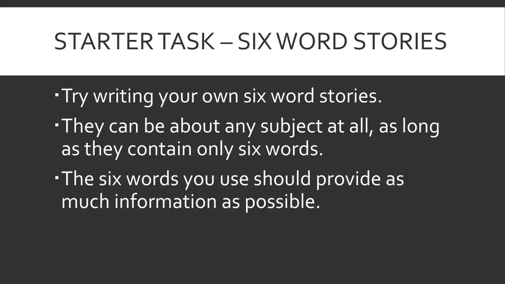 starter task six word stories 1