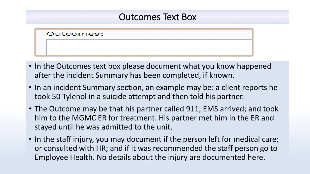 outcomes text box outcomes text box