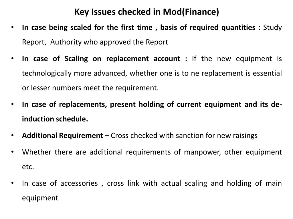 key issues checked in mod finance