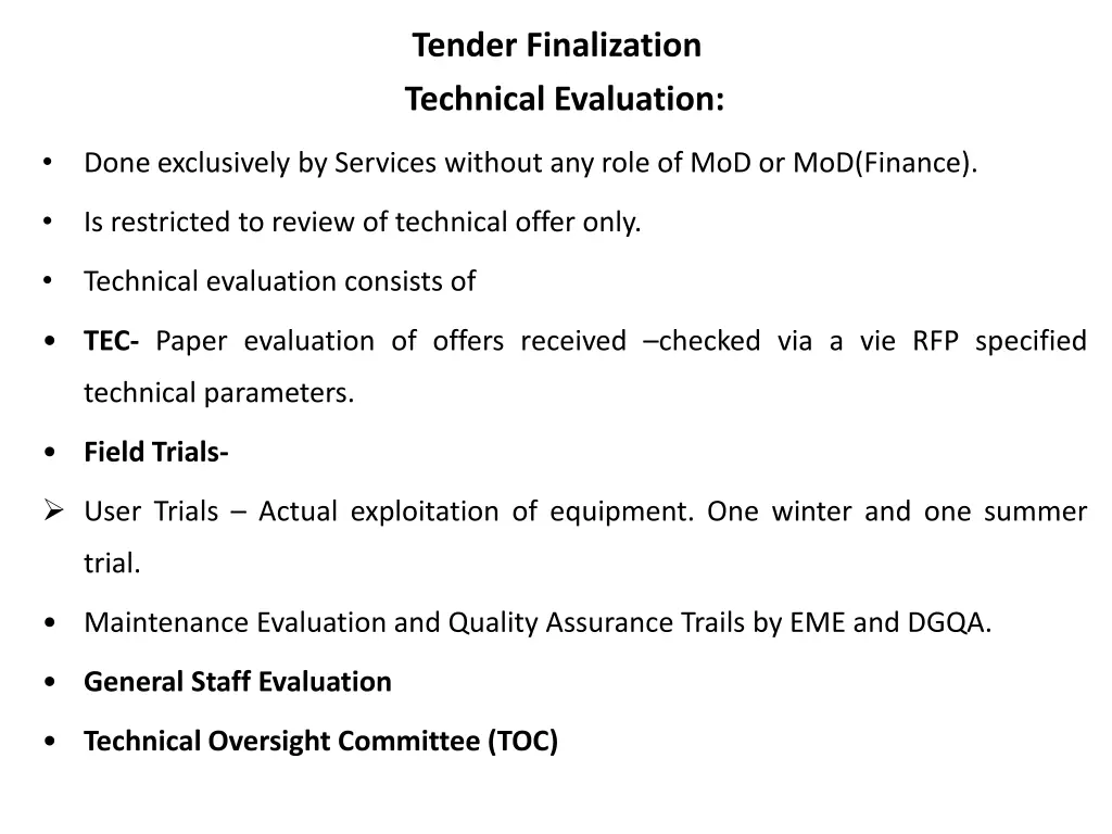 tender finalization technical evaluation