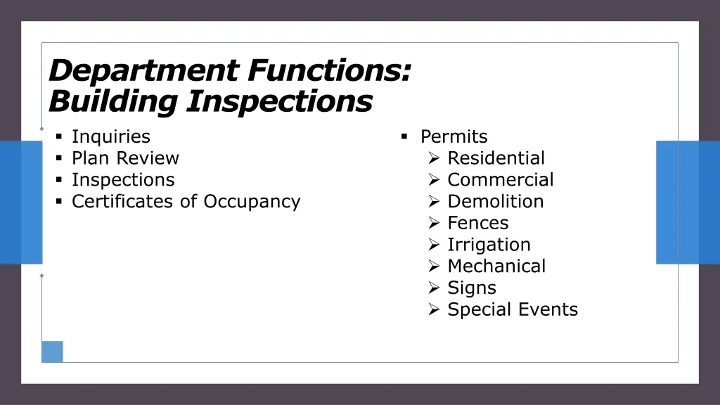 department functions building inspections