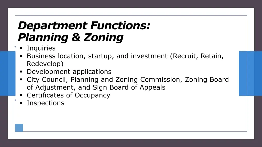 department functions planning zoning inquiries