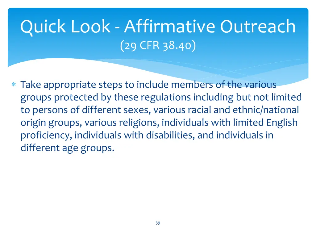 quick look affirmative outreach 29 cfr 38 40