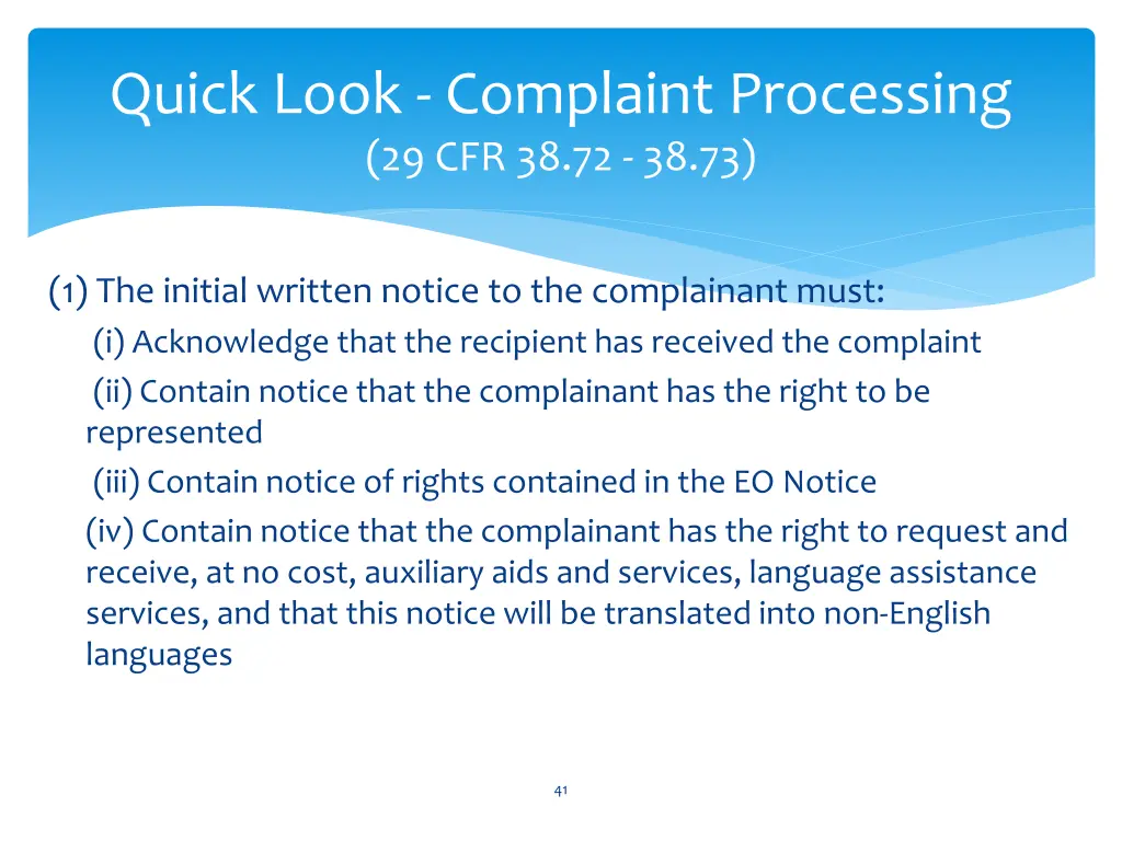 quick look complaint processing 29 cfr 38 72 38 73