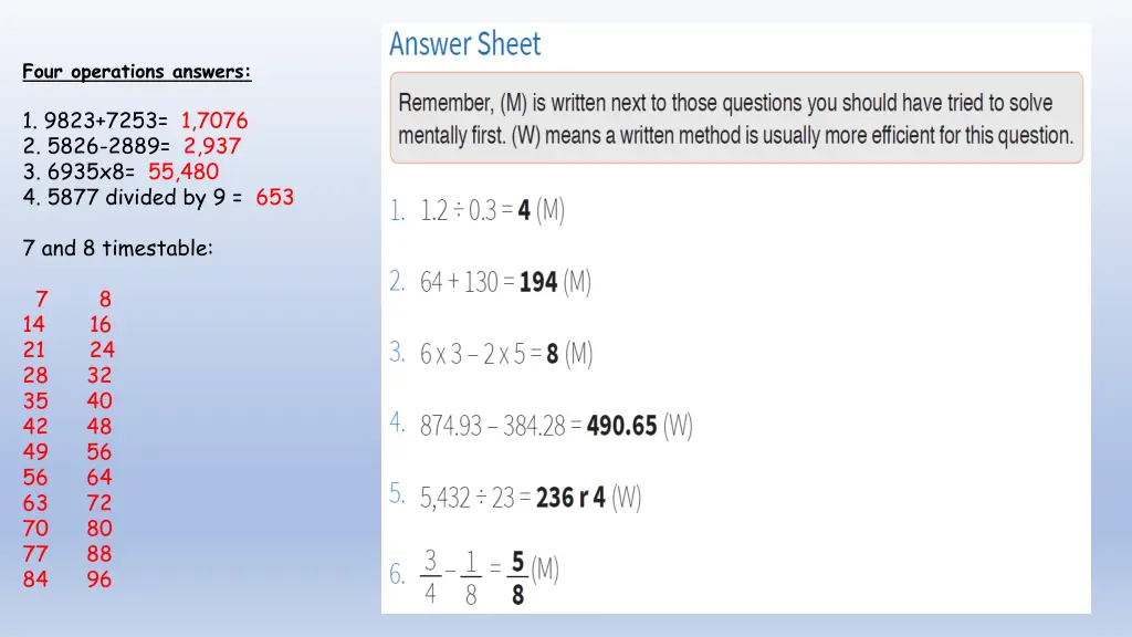 four operations answers