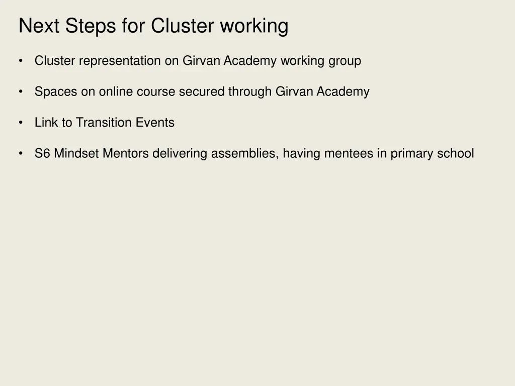 next steps for cluster working