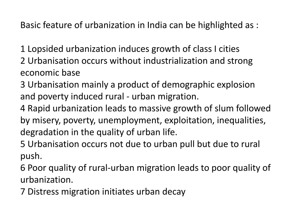 basic feature of urbanization in india