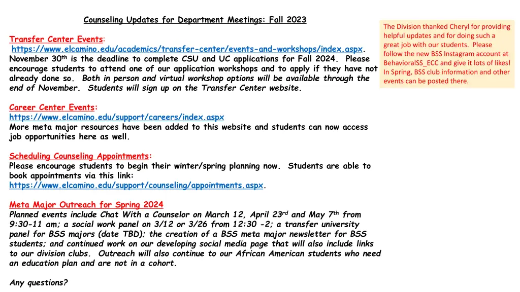 counseling updates for department meetings fall