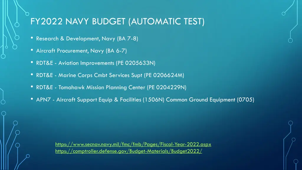 fy2022 navy budget automatic test