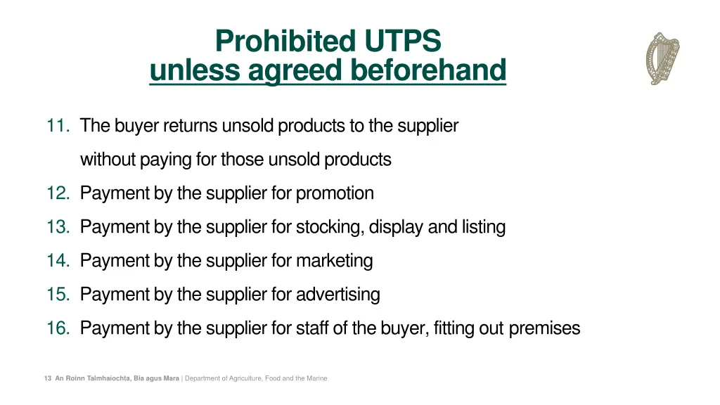 prohibited utps unless agreed beforehand