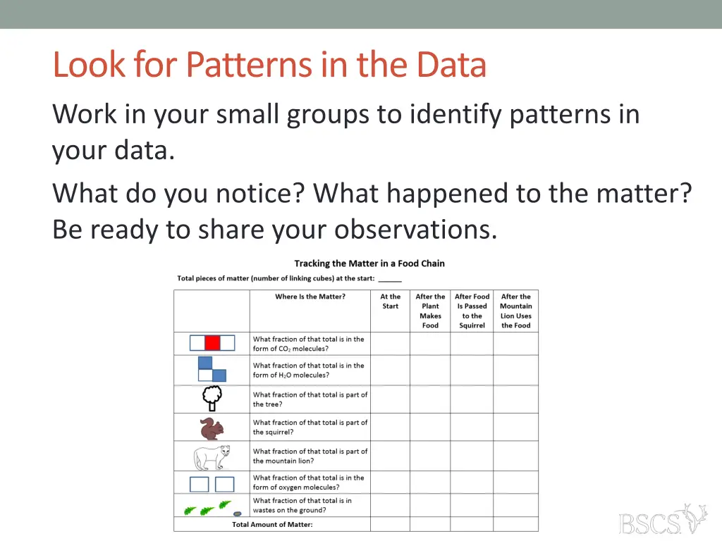 look for patterns in the data work in your small