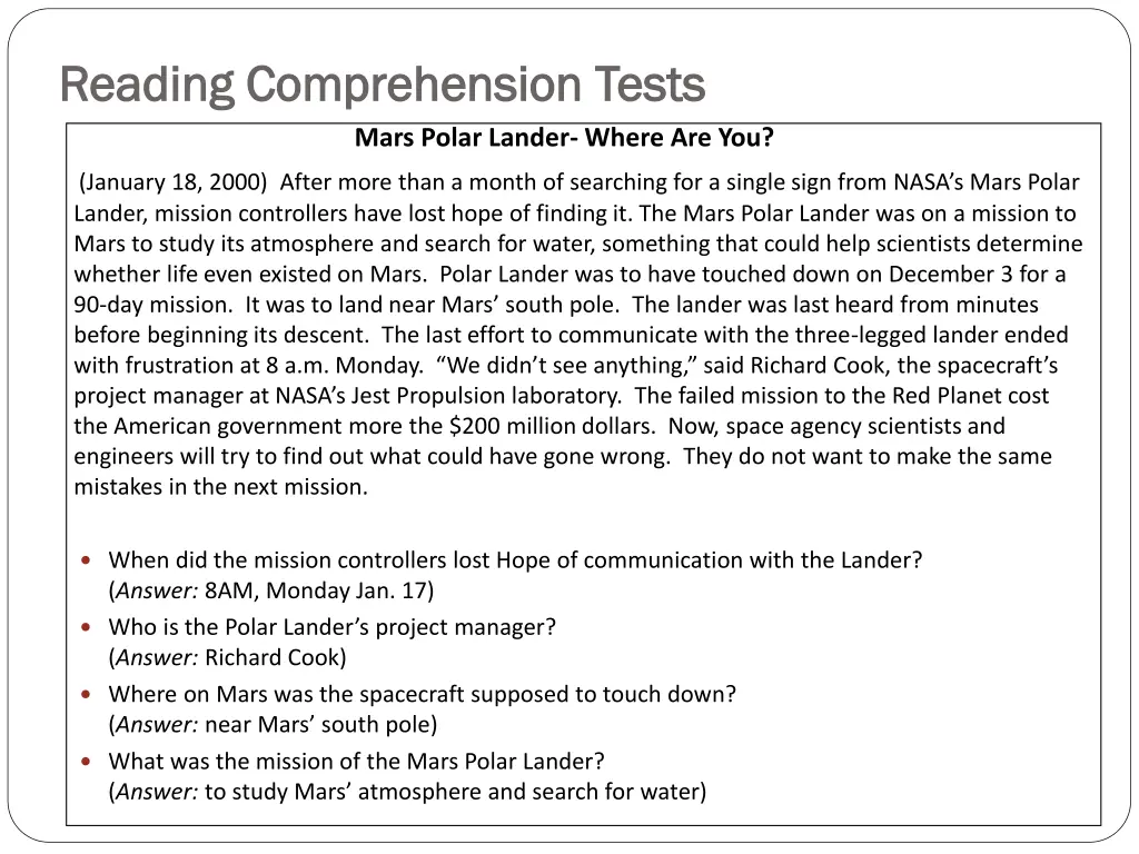 reading comprehension tests reading comprehension