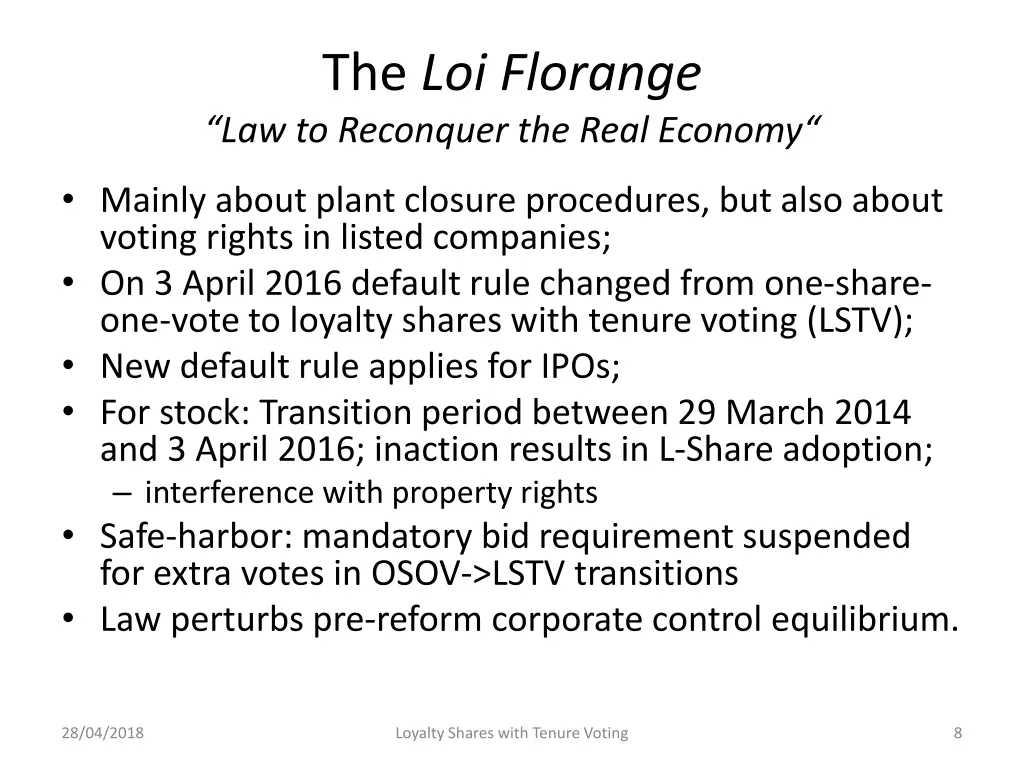 the loi florange law to reconquer the real economy