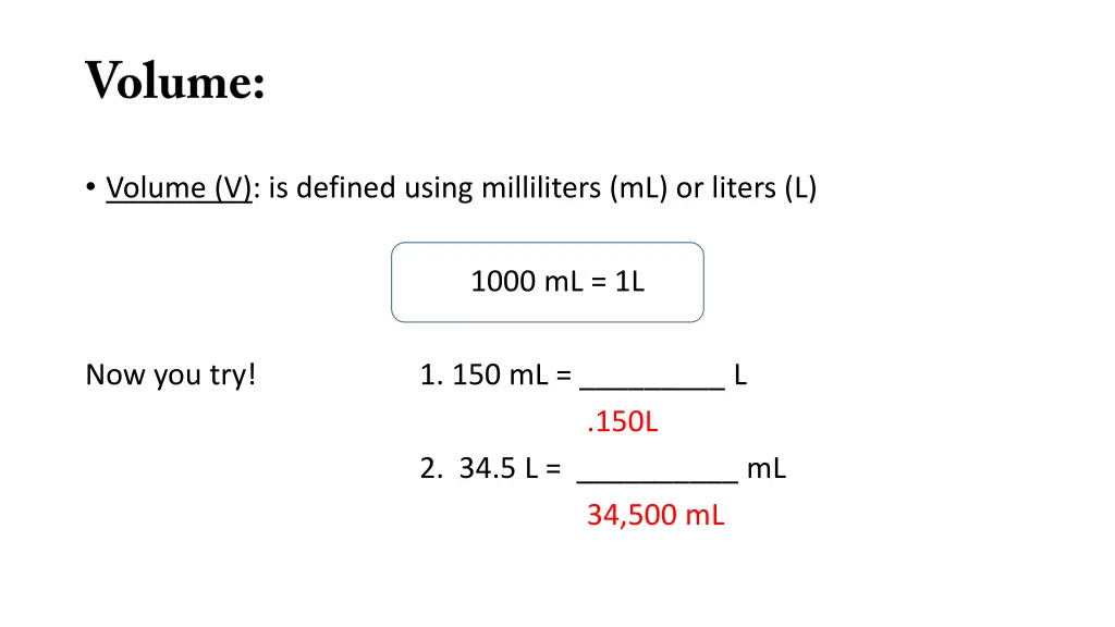 volume v is defined using milliliters