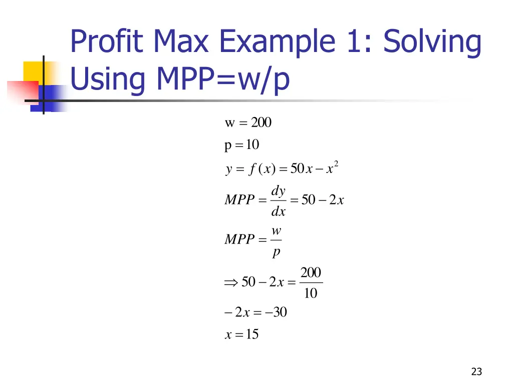 profit max example 1 solving using mpp w p