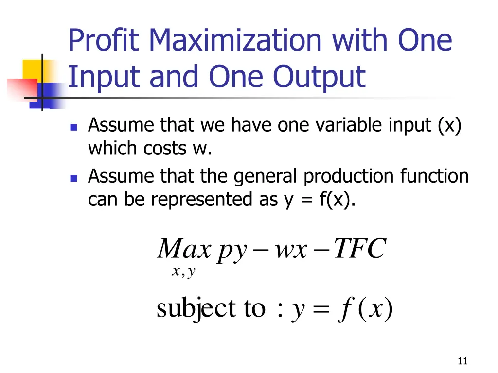 profit maximization with one input and one output