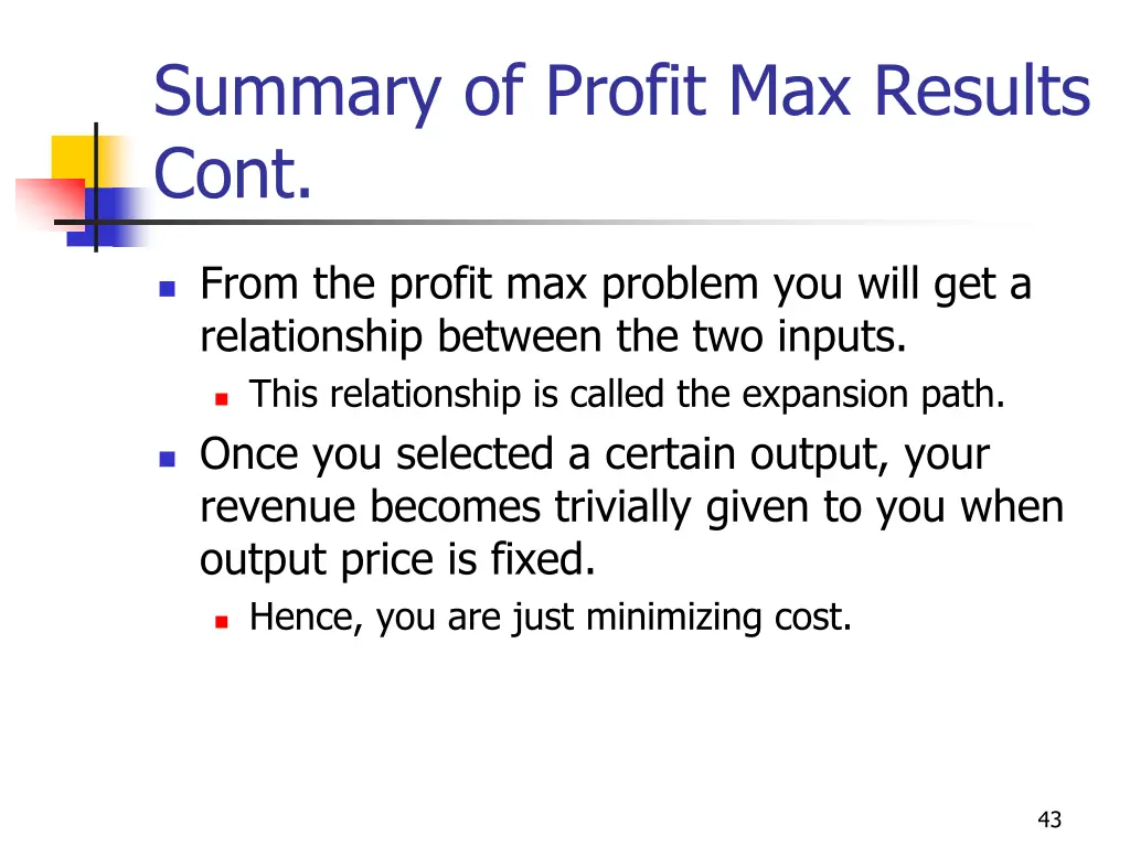 summary of profit max results cont