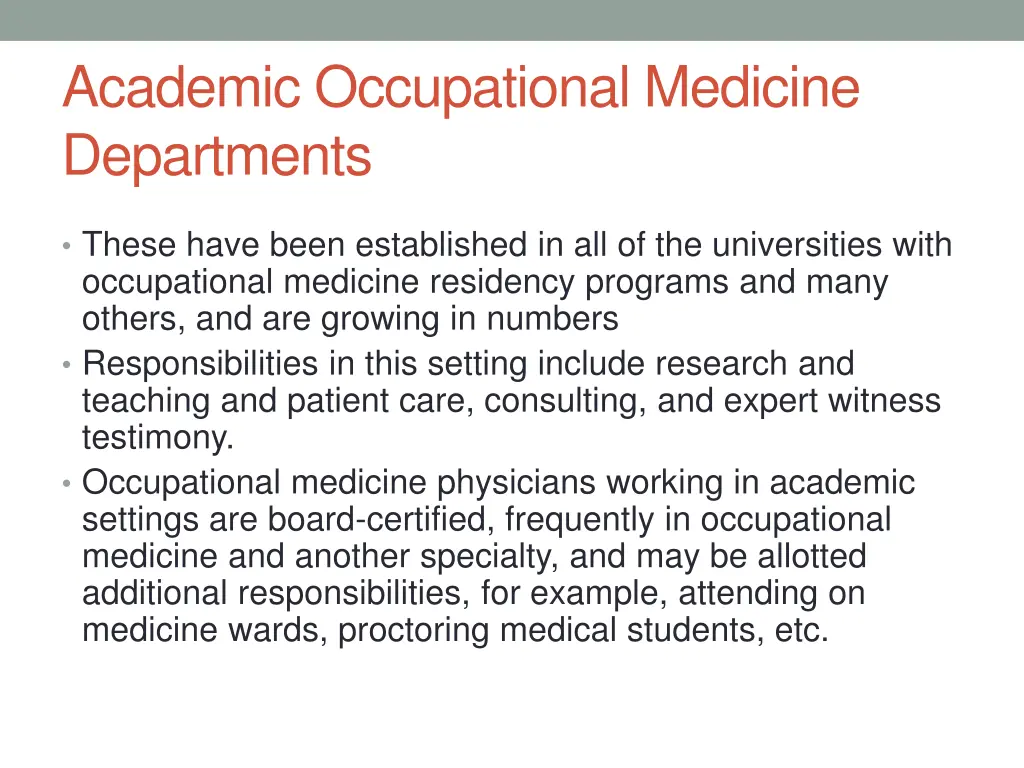 academic occupational medicine departments