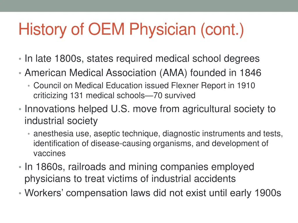 history of oem physician cont