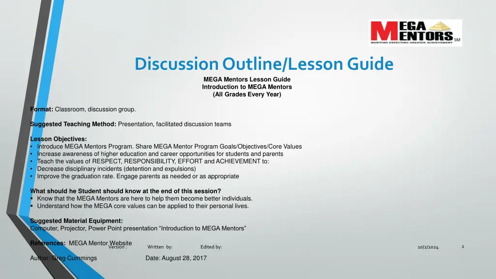 discussion outline lesson guide mega mentors