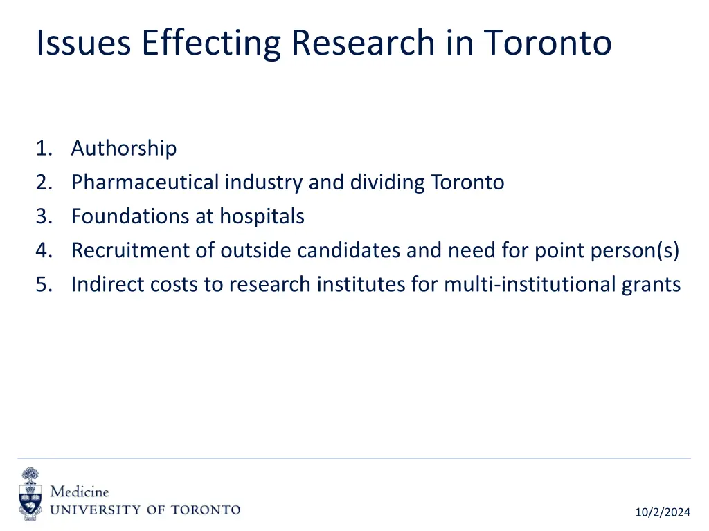 issues effecting research in toronto