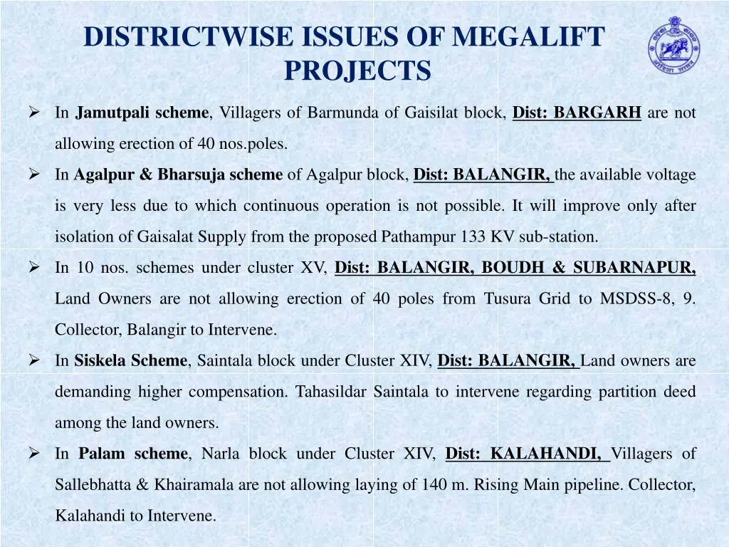 districtwise issues of megalift projects