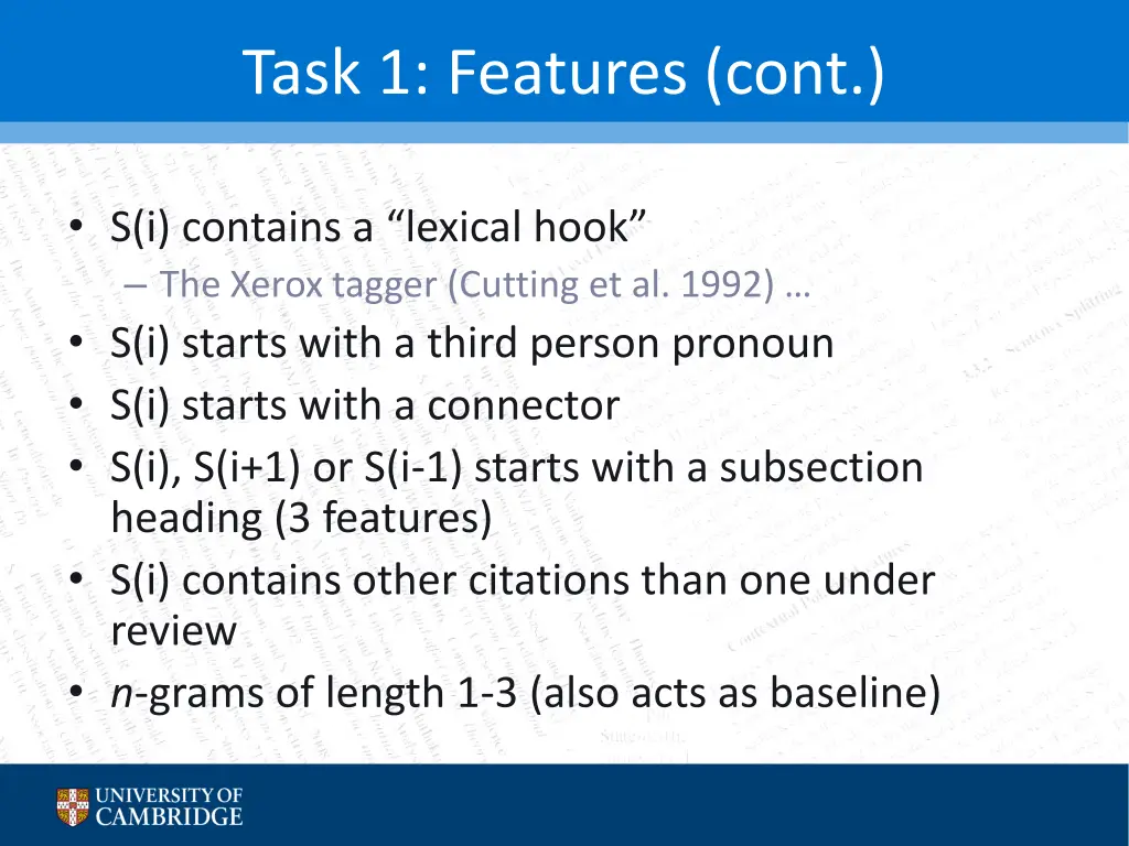 task 1 features cont