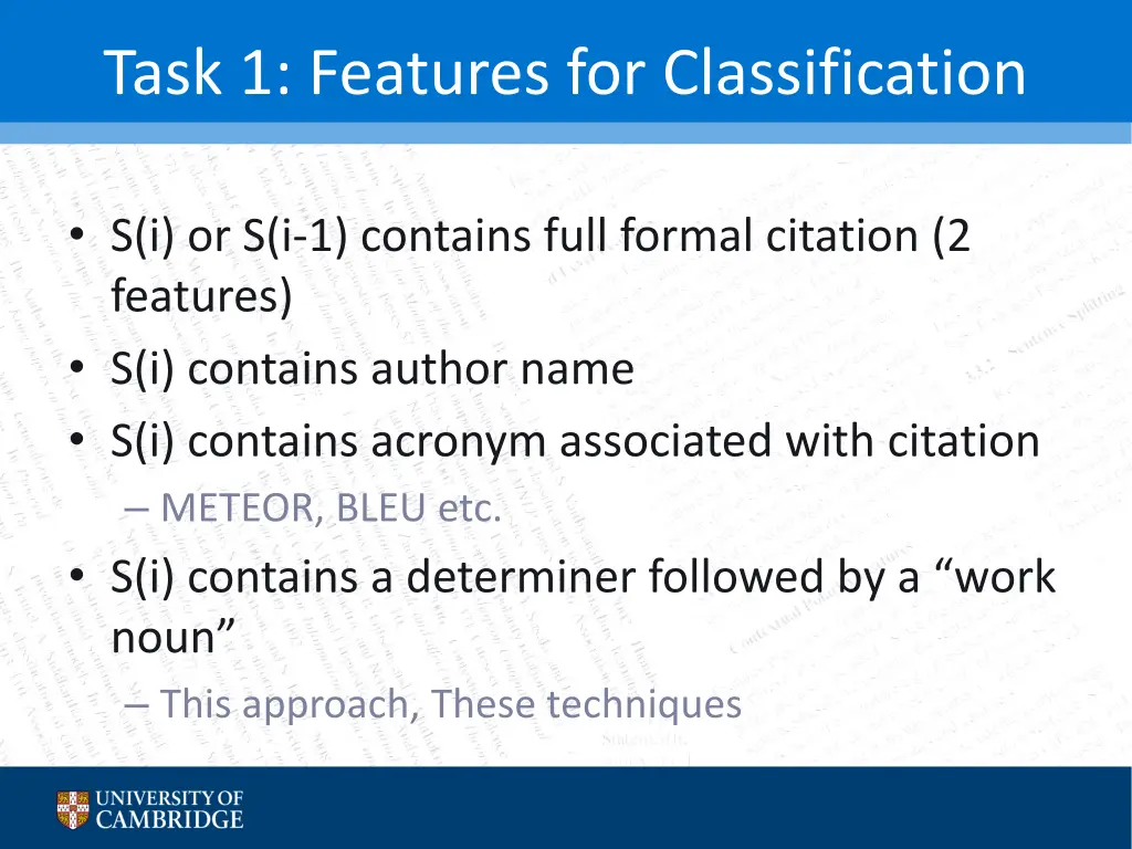 task 1 features for classification