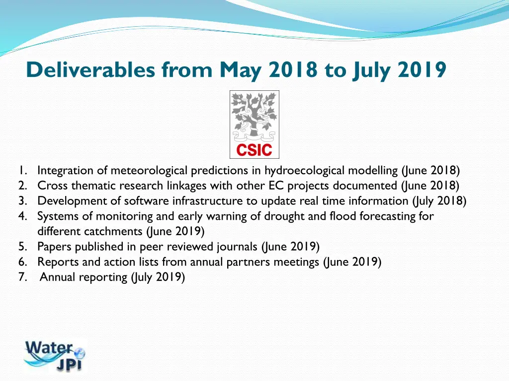 deliverables from may 2018 to july 2019