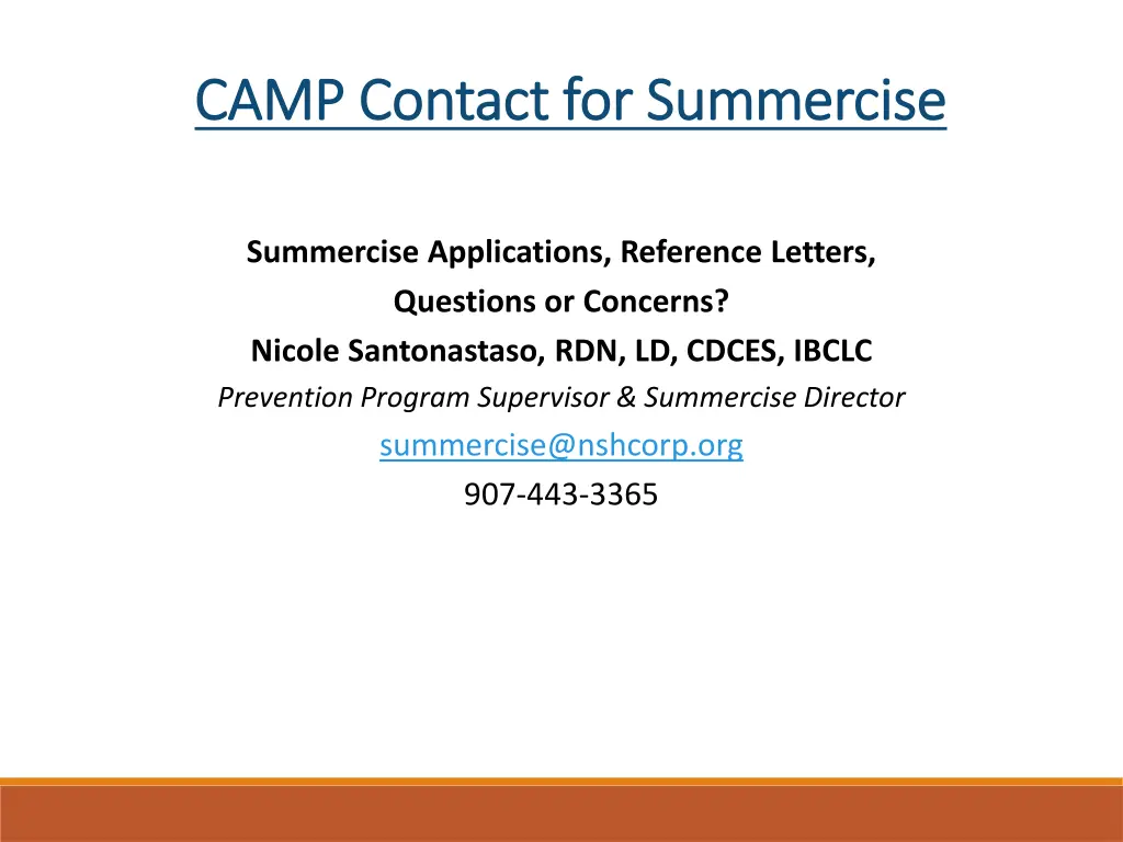 camp contact for summercise camp contact