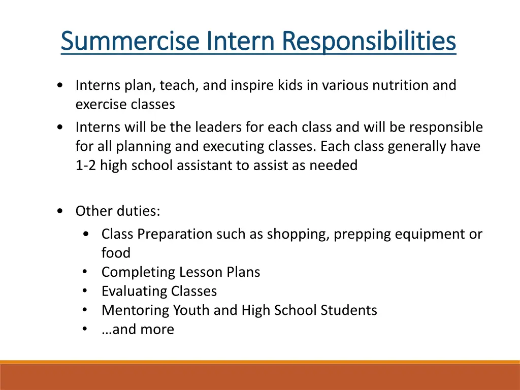 summercise intern responsibilities summercise