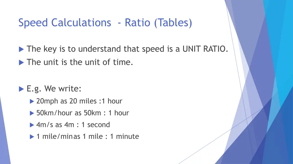 speed calculations ratio tables