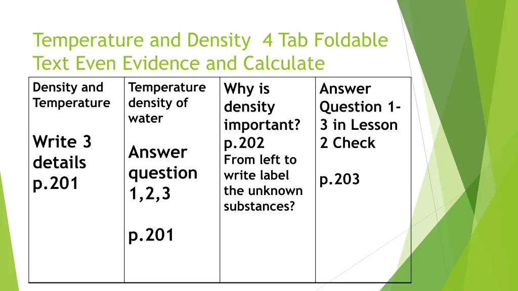 temperature and density 4 tab foldable text even