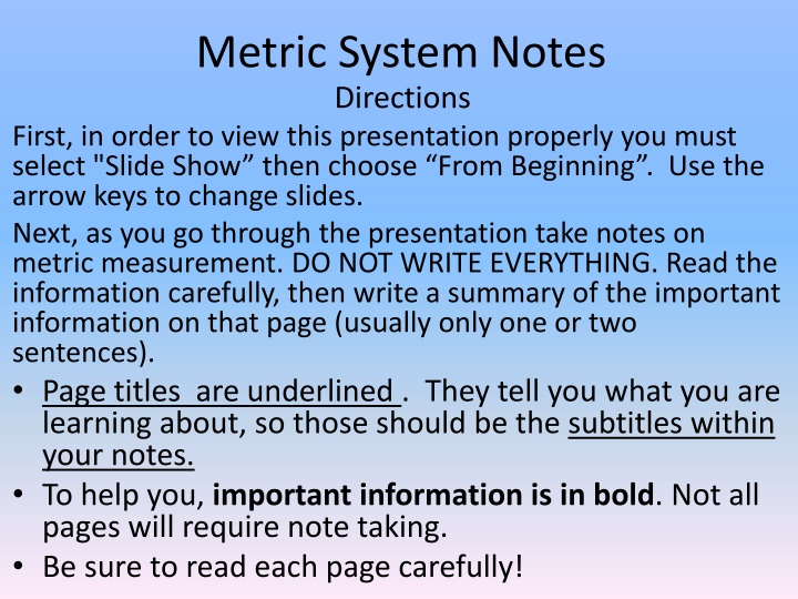 metric system notes directions first in order